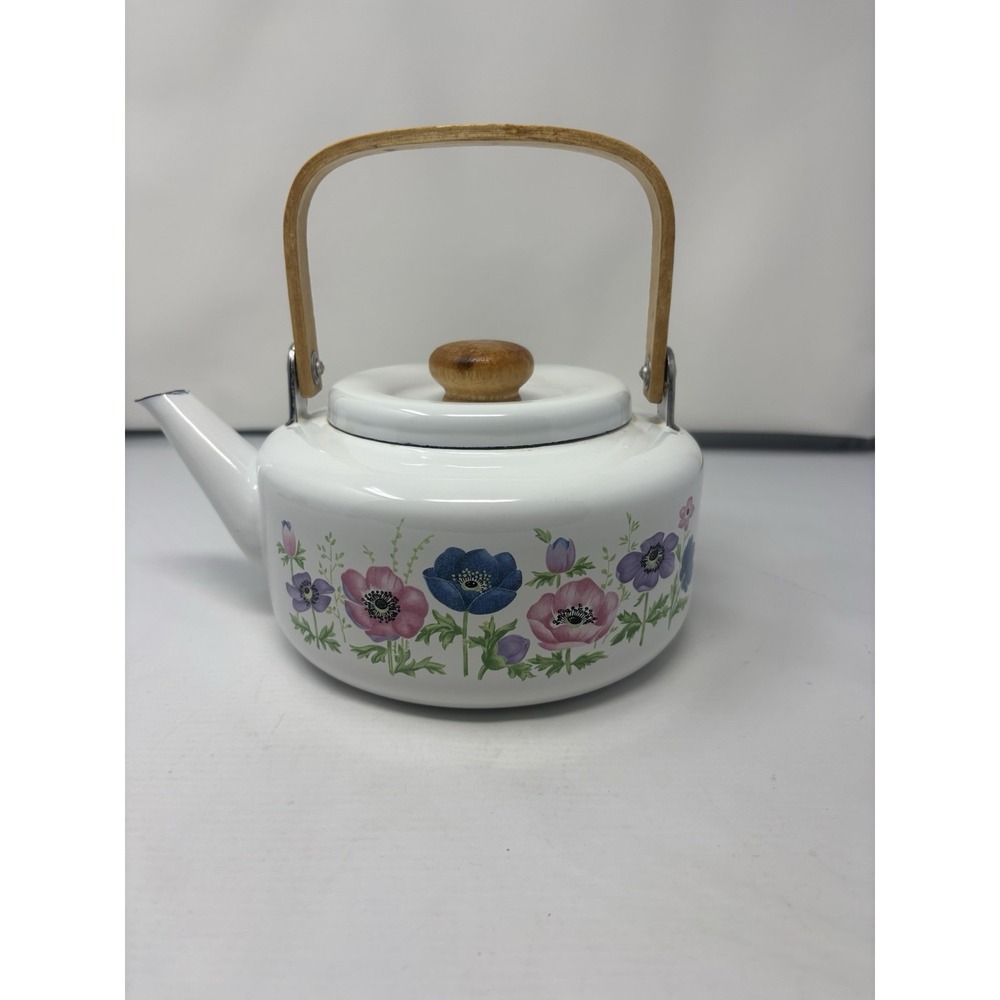 Vintage National Housewares Metal Teapot Kettle Floral Garden Bamboo 1985 Granny